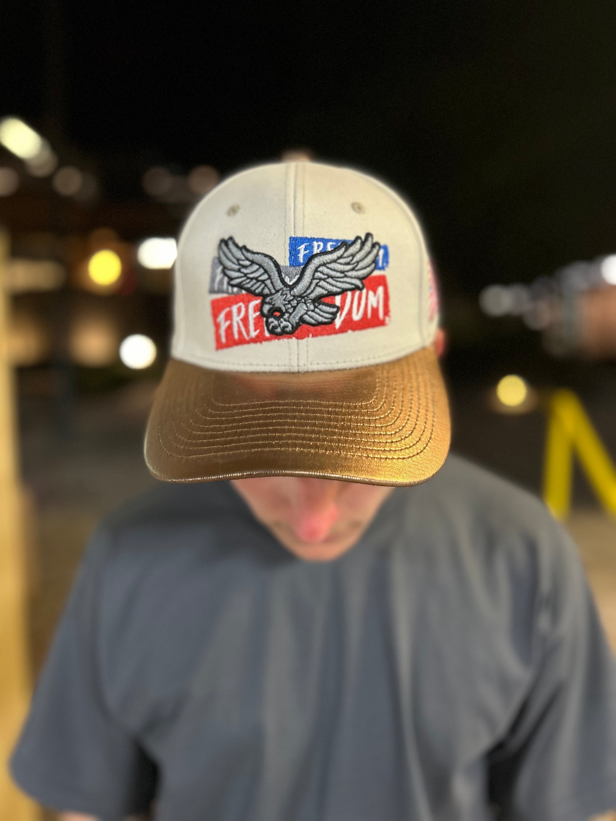 Freedom Eagle American Flag Hat – White/Gold Embroidered