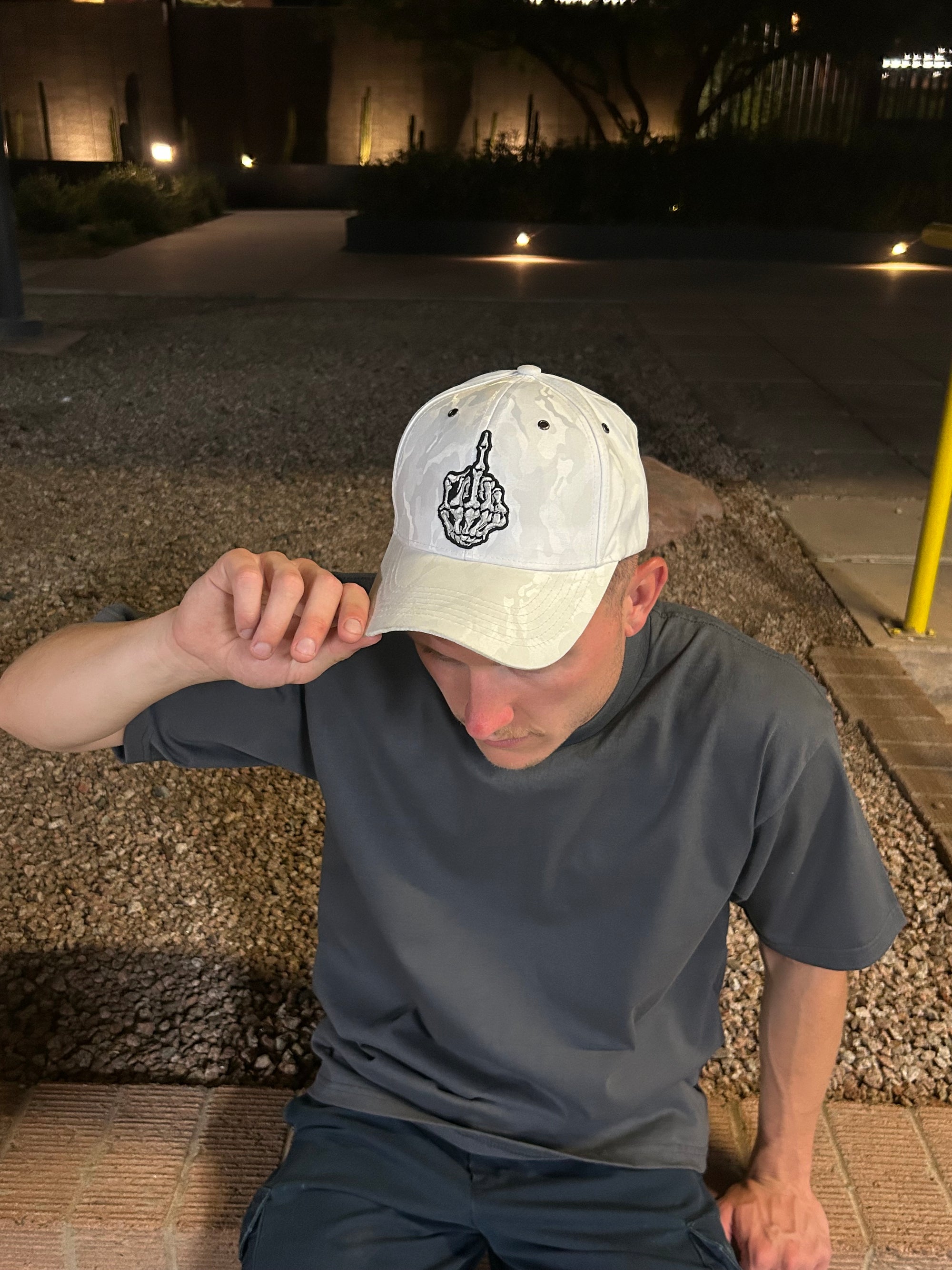 Skeleton Middle Finger Camo Hat – Embroidered