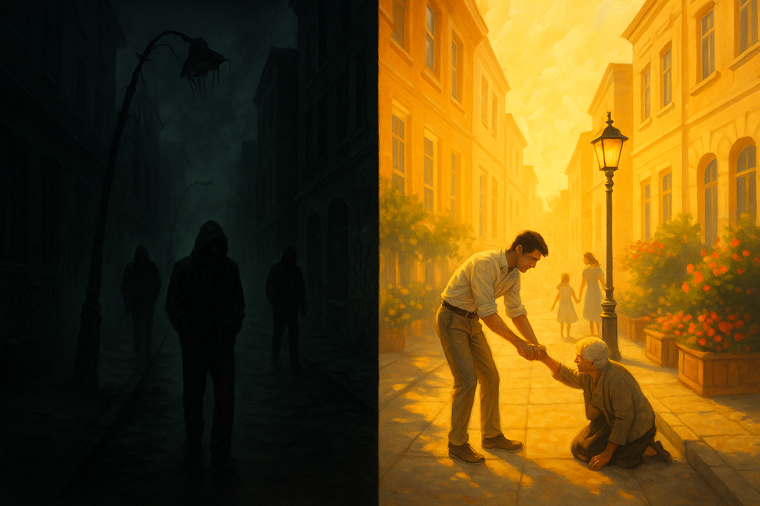 I want something showing dark vs light good vs evil in a street. 